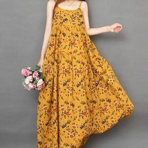 Bohemian Mustard Tiered Floral Sleeveless Maxi Dress